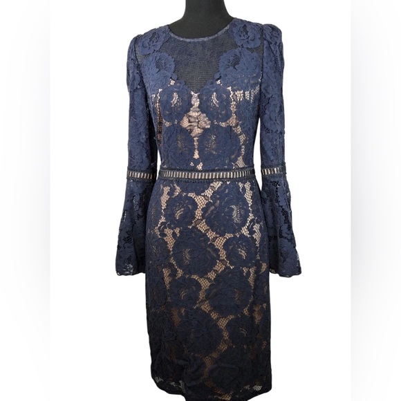 Tadashi Shoji Bishop Sleeve Navy Lace Long Sleeve Cocktail Dress - Picture 2 of 7